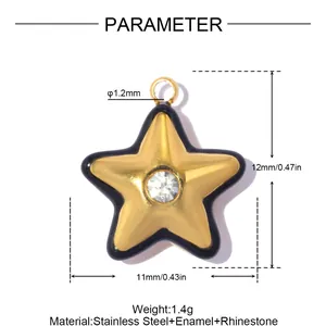 Detailed dimensions of a stainless steel star pendant with black enamel and rhinestone