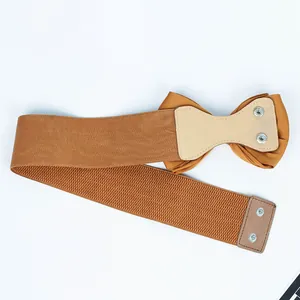 Close-up of the textured elastic fabric and brown chiffon bow detail on this waist belt.