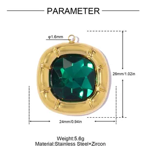 Detail view of square green zircon pendant with 24x26mm dimension markings and specs