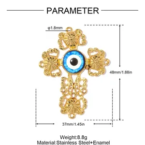 Detailed view of a gold-plated stainless steel evil eye cross pendant with measurements.