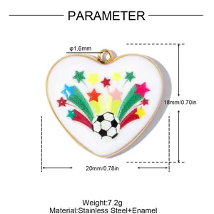 Detail showing heart-shaped soccer pendant with technical dimensions and material