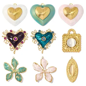 French Retro Stainless Steel Enamel Cat Eye Pendant Only For DIY Jewelry Making Floral Heart Pattern Artificial Pearl Decor Gold Tone Pendants Without Chain Women Jewelry Accessory