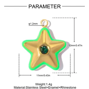 Macro view of stainless steel star charm detailing dimensions, weight and materials used