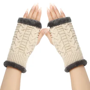 Detail shot of thickened knitted fingerless gloves with plush trim for winter warmth
