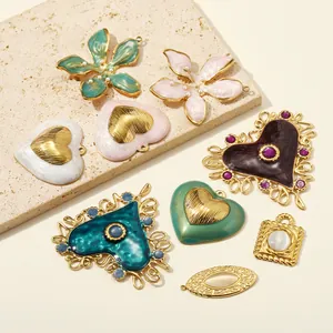 French vintage heart and flower pendants made of stainless steel with cat eye stones for jewelry