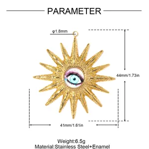 Detail view showing measurements and material of sun eye stainless steel pendant