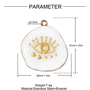 Diagrama técnico detallado con dimensiones y peso del colgante del ojo turco blanco