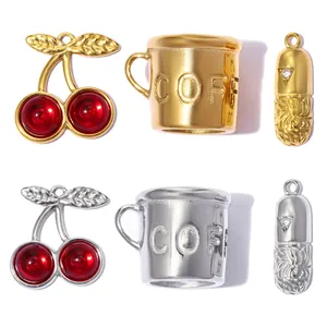 3D Coffee Cup Cherry Capsule DIY Titanium Steel Pendant Gold Silver Rhinestone Glass Charms For Necklace Jewelry Making Women