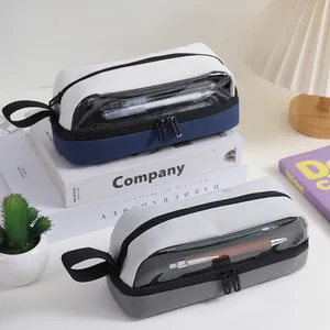 Close-up detail of large capacity transparent oxford pencil cases with carry handle