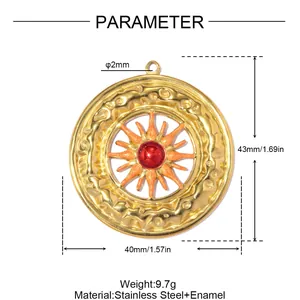Detailed specifications of stainless steel sun pendant with dimensions and weight info