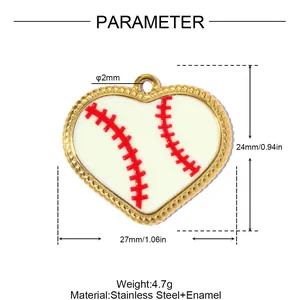 Detailed dimensions of heart shaped baseball enamel pendant in stainless steel, 27mm