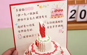 Intricate detail of a 3D pop-up birthday card with a paper cake and warm blessings.