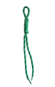 Macro detail view of green and white braided nylon lanyard with reinforced knots.