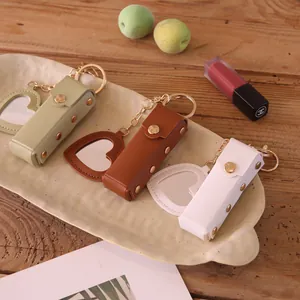 Portable Heart Shaped Lipstick Bag Keychain With Makeup Mirror PU Leather Mini Lip Balm Pouch Rivet Bag Charm Women Gift