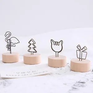 Decorative wooden base photo holders with flamingo and tree shaped wire clips for office