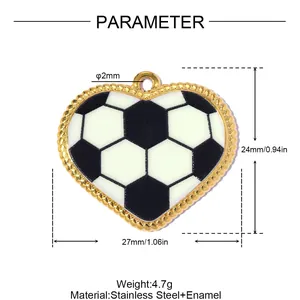 Detailed product parameters of heart soccer pendant, 27x24mm, stainless steel and enamel.