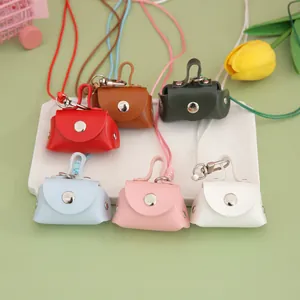 Colorful mini PU leather coin purses with lanyards for portable earphone storage accessory