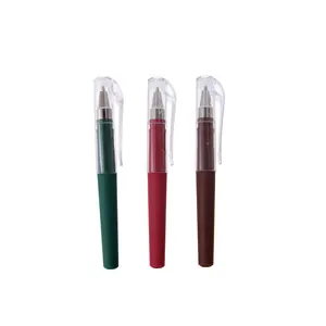 Set of three mini portable pocket gel pens in green red and brown with transparent caps