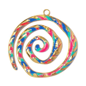 Close-up of a colorful spiral stainless steel pendant with vibrant enamel pattern