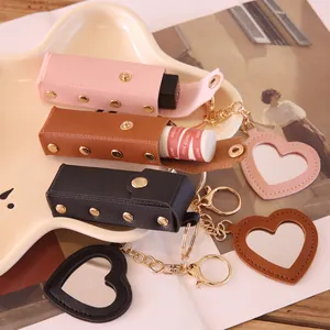Portable leather lipstick case keychain with heart-shaped mirror in multiple colors