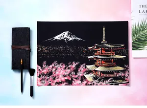DIY city night view scratch art set with Mt. Fuji pagoda design including scratching tools