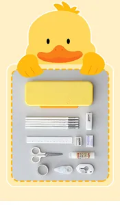 Estuche de lápices de pato amarillo con lápices, regla y accesorios de papelería