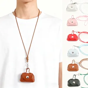 Mini PU leather pouch necklace lanyard for earphone storage and coins in multi colors