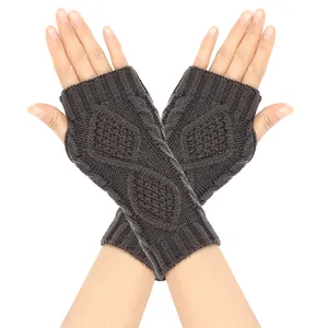Gants tricotés sans doigts chauds avec motif torsadé en losange élégant pour femmes