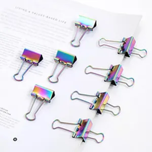 Detailed view of iridescent rainbow metal binder clips on a white magazine page
