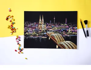 Detailed colorful scratch art painting of Cologne city night scene with DIY tools