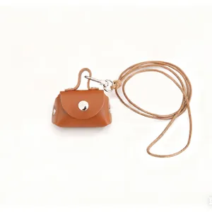 Mini brown PU leather coin purse with neck lanyard and silver snap button closure