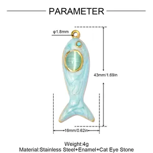 Grafico dimensioni tecniche del ciondolo a pesce in acciaio con pietra occhio di gatto