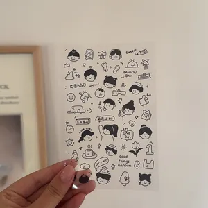 Transparent PVC sticker sheet with cute cartoon smiley faces and doodles for DIY handbooks.