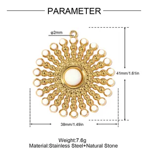 Sun-shaped stainless steel pendant with natural stone inlay size and weight specs