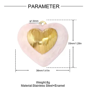 Detail view of a pink enamel heart pendant with dimensions and weight specs.