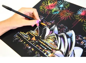 Detail view of colorful city night scratch painting with pen scratching opera house