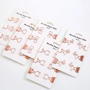 Set of 6 rose gold novelty binder clips in animal and bow shapes for office organization