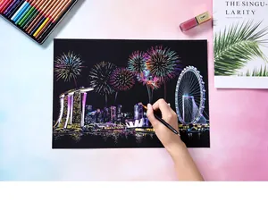 Detailed macro view of DIY colorful city scratch art featuring Singapore night landscape