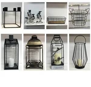 Collage detallado que muestra varios candelabros y faroles minimalistas de hierro negro