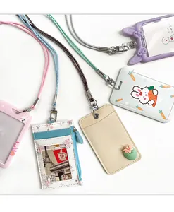 Group of various cute ID card holders with colorful lanyards in pastel tones
