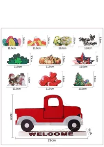 Red truck tabletop ornament with 10 interchangeable seasonal accessories details