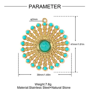 Detail view of sunburst stainless steel pendant with dimensions and material specs