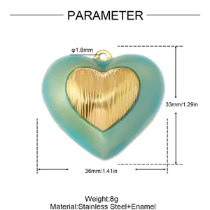 Macro detail view of vintage green heart pendant with dimensions and stainless steel specs