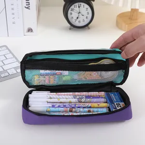 Detailed view of a multi-layer purple pencil case filled with stationery for students
