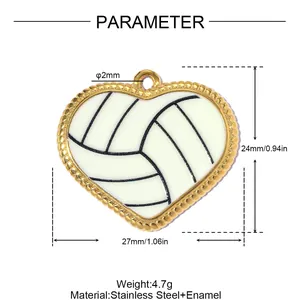 Heart-shaped stainless steel volleyball pendant with enamel detail and measurements