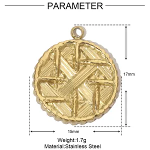 Vue détaillée d'un pendentif rond en acier inoxydable doré avec dimensions
