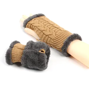 Thick knitted fingerless gloves with grey faux fur trim for autumn and winter warmth