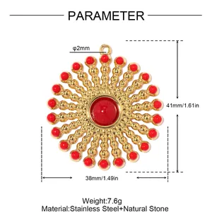 Detailed size specifications for the gold stainless steel red stone sun pendant