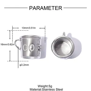 Detailed technical specifications for 3D stainless steel coffee cup pendant charm with weight info