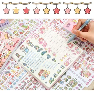 Kawaii cartoon stickers being used in a decorative scrapbook notebook for children